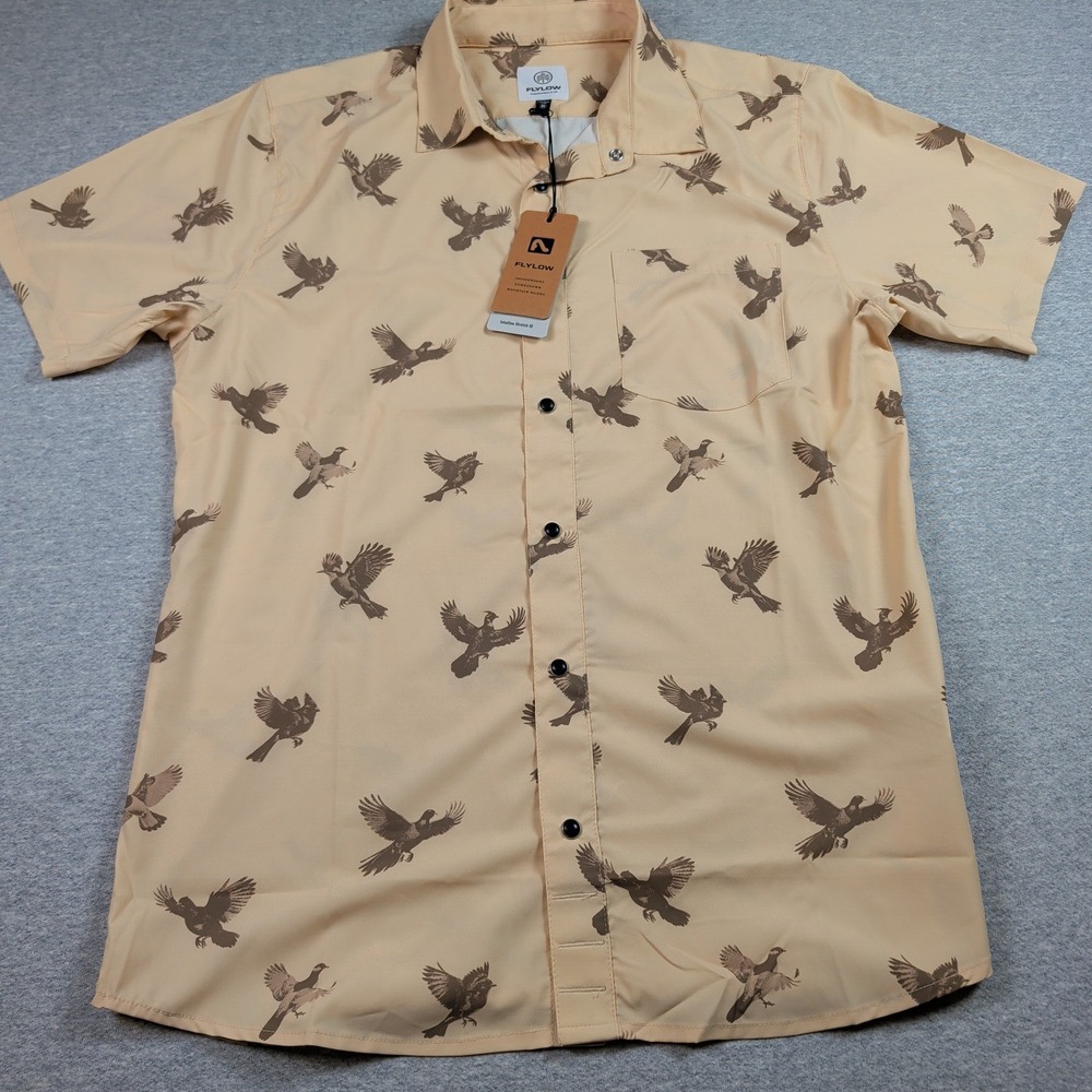 Flylow Anderson Shirt Dune Flock Mens Medium Short Sleeve Bird Print 0013-151-04